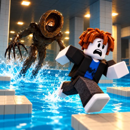 DONT SPLASH official game icon: an orange-haired Roblox player sprints across floating platforms in a flooded poolroom while a one-eyed clawed monster chases through the water