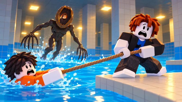 DONT SPLASH co-op rescue: a player pulls a drowning teammate out of the water with a rope as the monster closes in