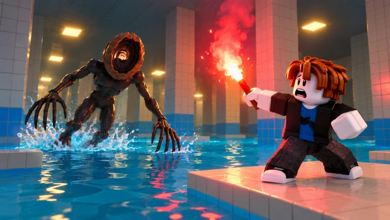 DONT SPLASH gameplay: players perch on floating platforms inside the poolrooms while the monster wades toward them — the nine-stage gauntlet this walkthrough maps