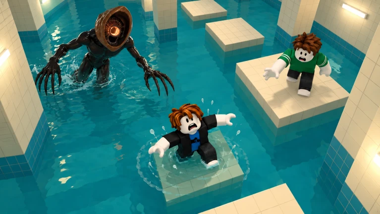 DONT SPLASH gameplay: two players navigate the floating platforms of a flooded room — one already in the water — as the monster wades toward them in the late-game stretch